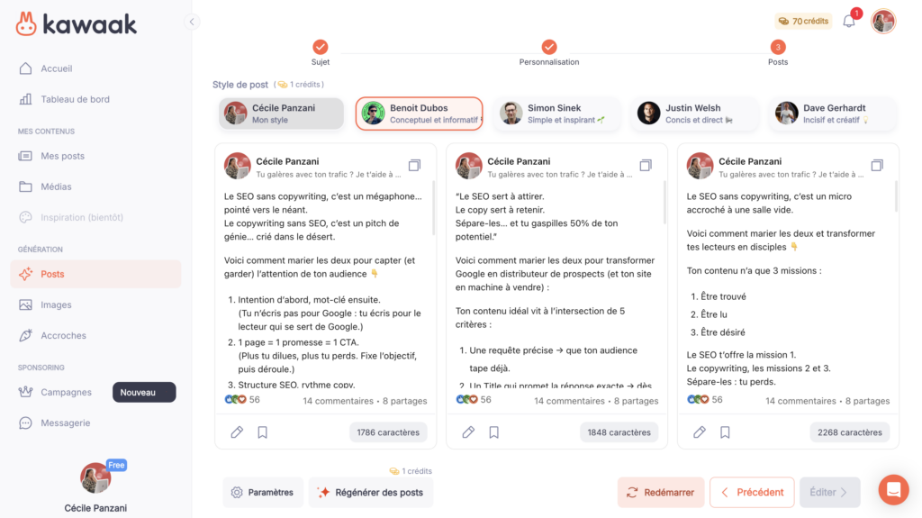 Choisir son post LinkedIn avec Kawaak 