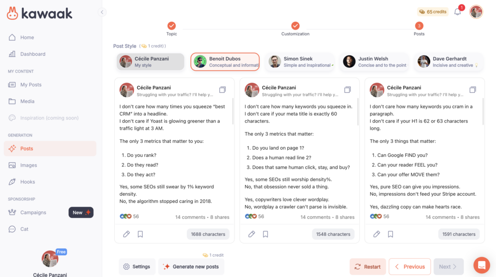 Choose your LinkedIn post with Kawaak 
