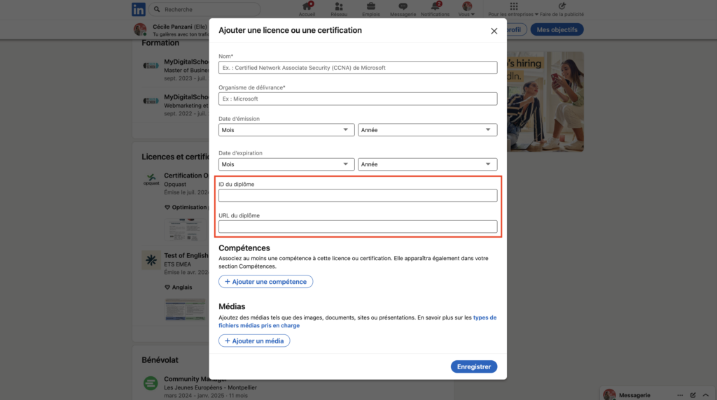  ajouter une certification LinkedIn avec une URL 