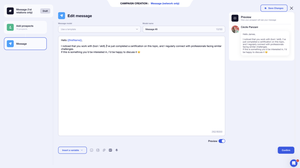 Prospecting message with LinkedIn certification