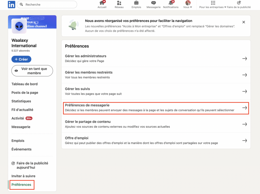 messagerie LinkedIn d'une page d’entreprise