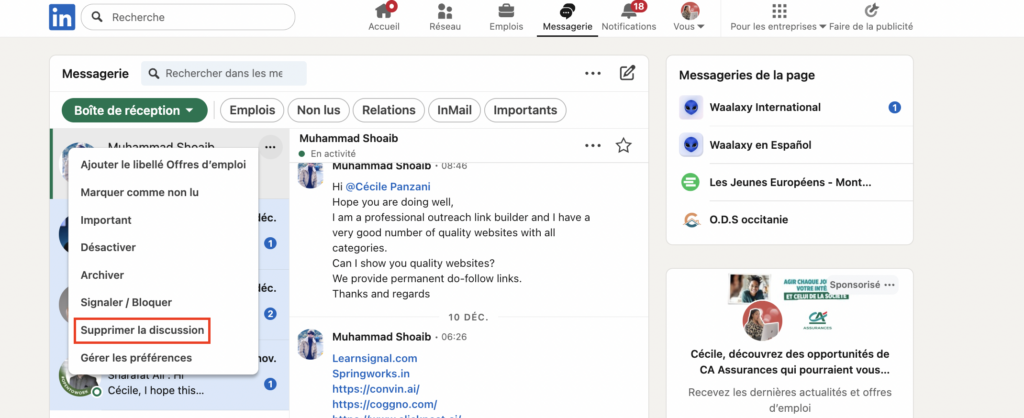 supprimer un message LinkedIn 