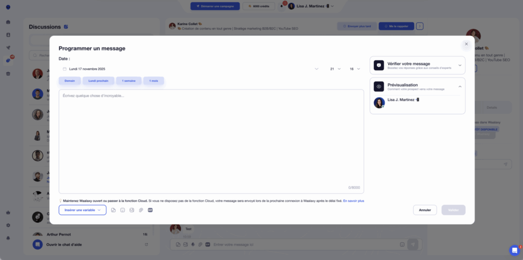 programmer un message avec l'inbox waalaxy