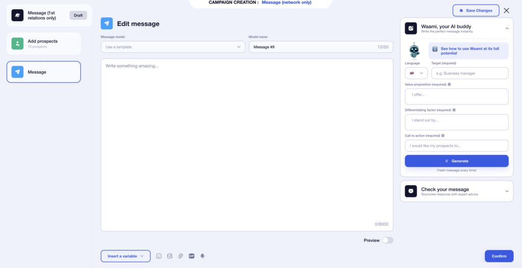 Waalaxy message with waami 