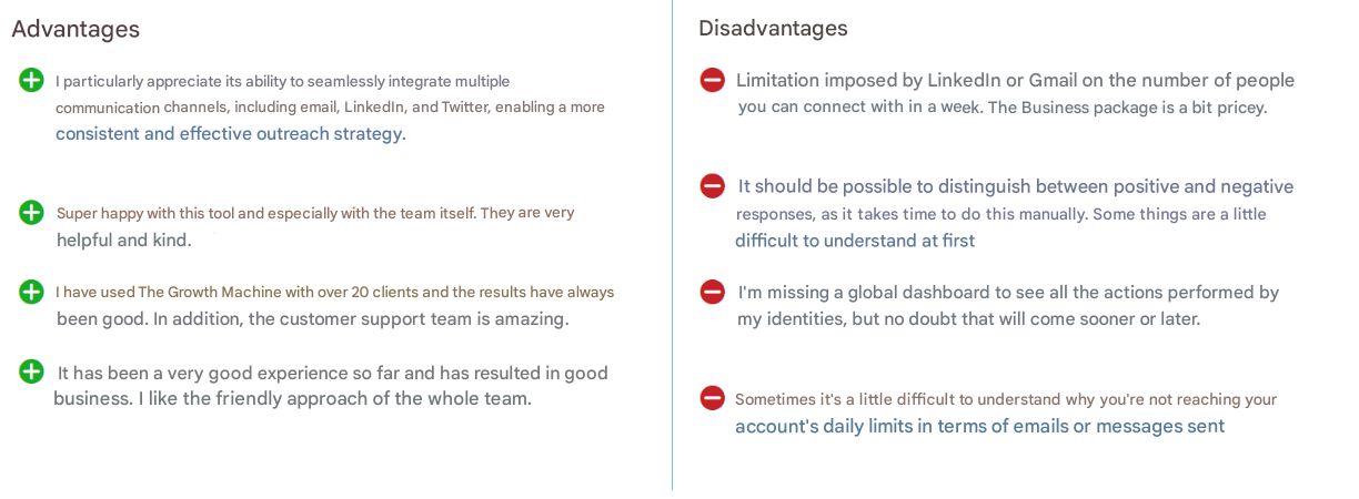 The growth machine Comparative table of the advantages and disadvantages of a marketing tool.