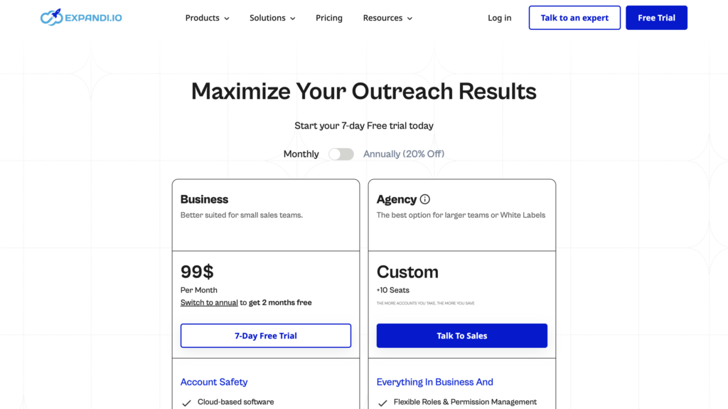 Expandi.io presenting prices for marketing campaigns, offering a 7-day free trial and mentioning options for businesses and agencies.