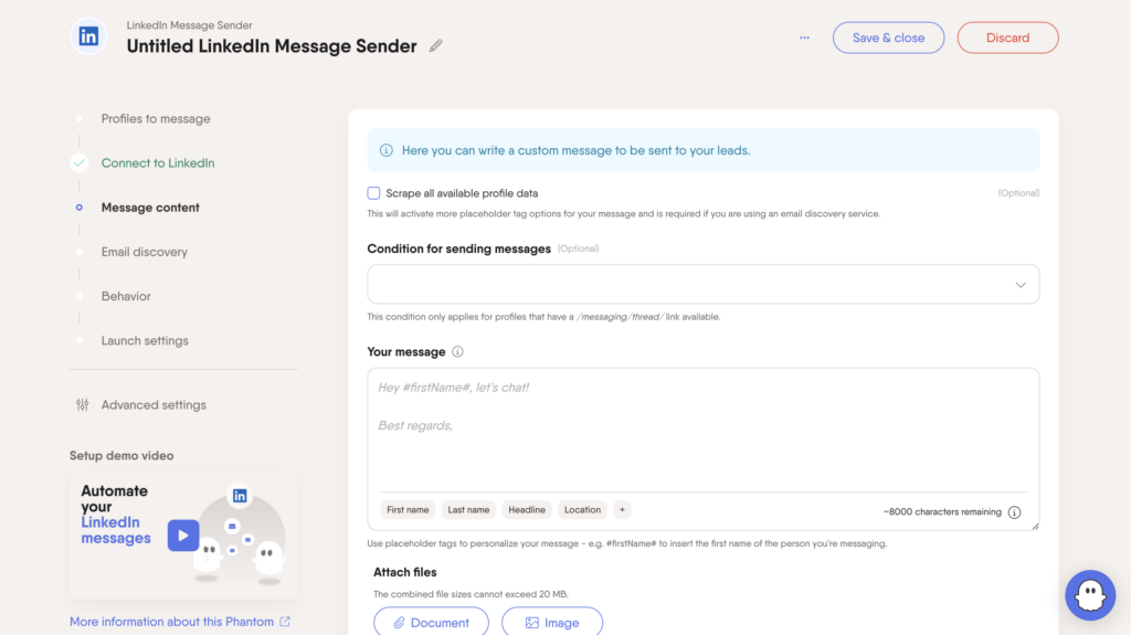 Send a message on LinkedIn with Phantombuster