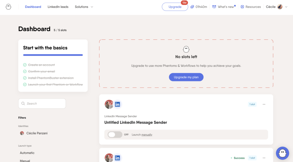 Phantombuster dashboard