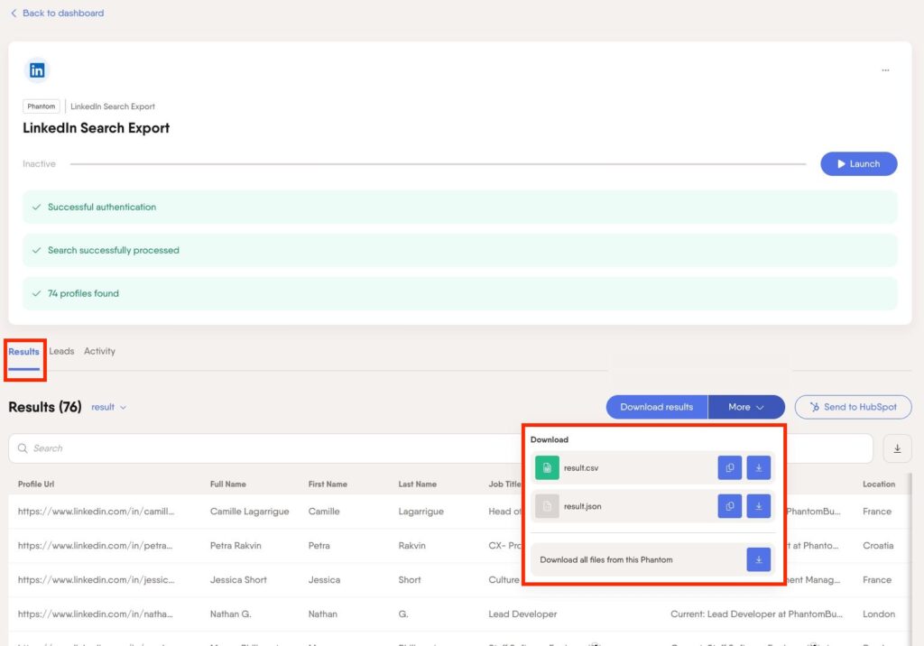 Export your data with Phantombuster