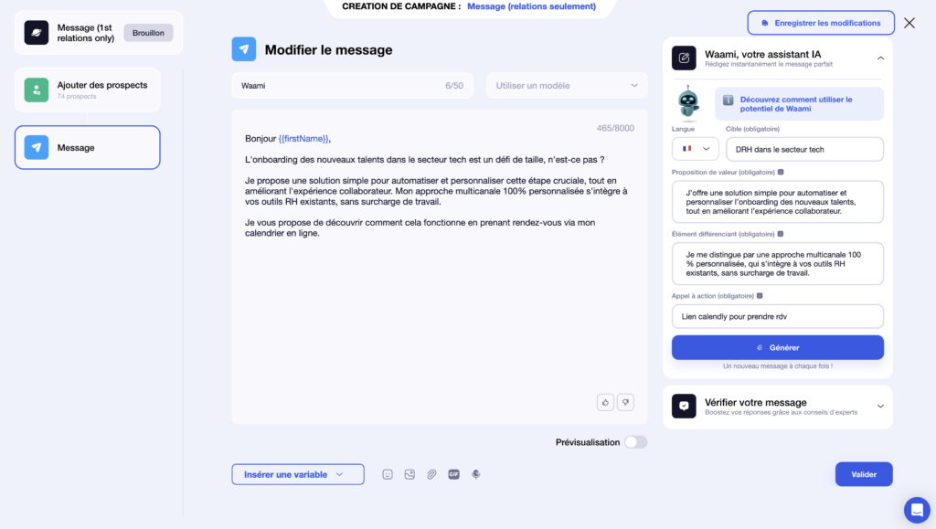 Interface d'envoi de messages avec champ de saisie personnalisable et prévisualisation du message en format complet.