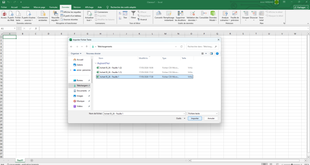 ouvrir un fichier CSV avec excel sélectionner le fichier 
