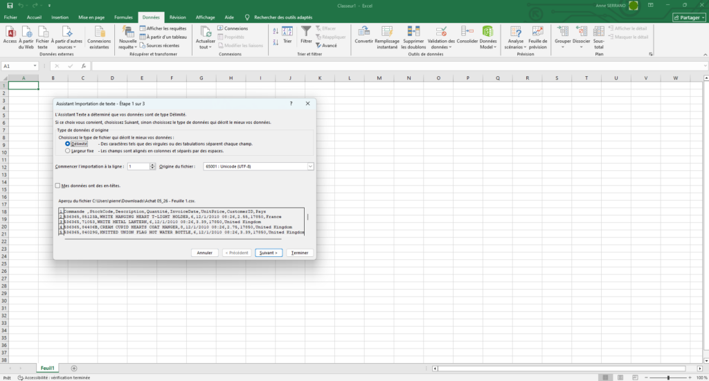 ouvrir un fichier CSV avec excel valider l'encodage 