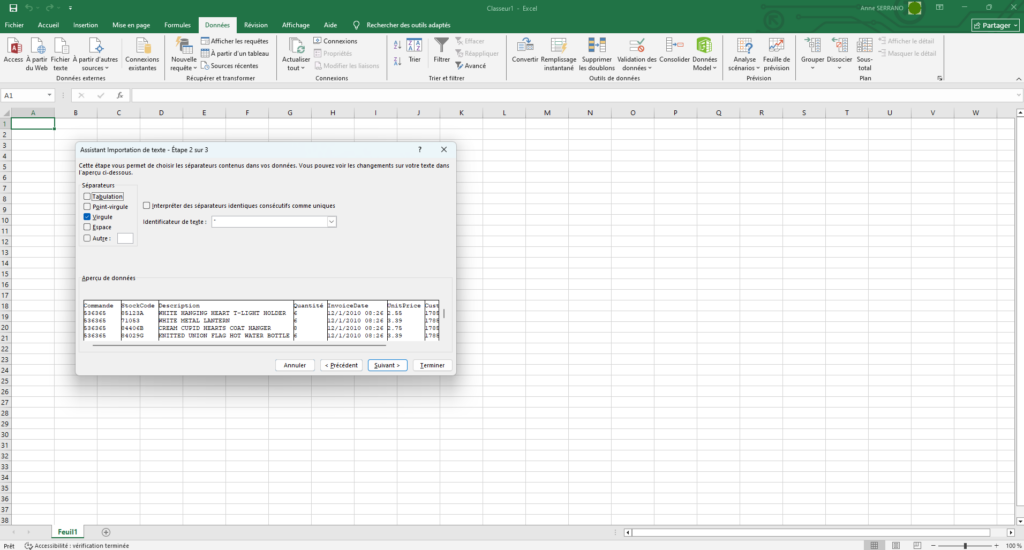 ouvrir un fichier CSV avec excel sélectionner les séparateurs 