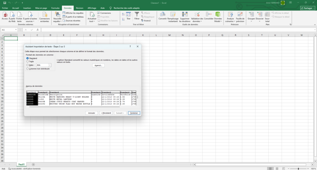 ouvrir un fichier CSV avec excel déterminer les colonnes 