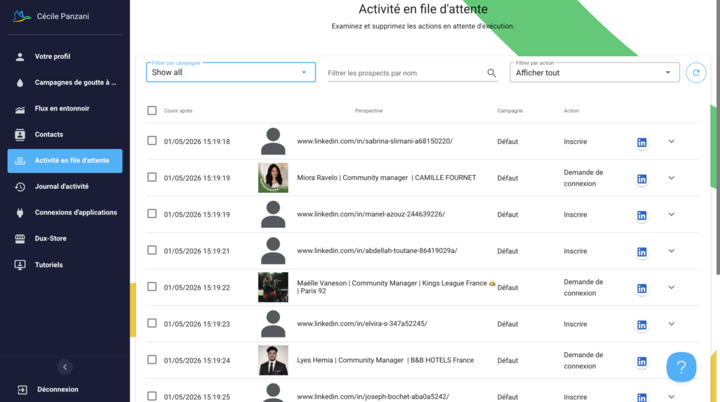 Liste des activités en attentes sur dux-soup 