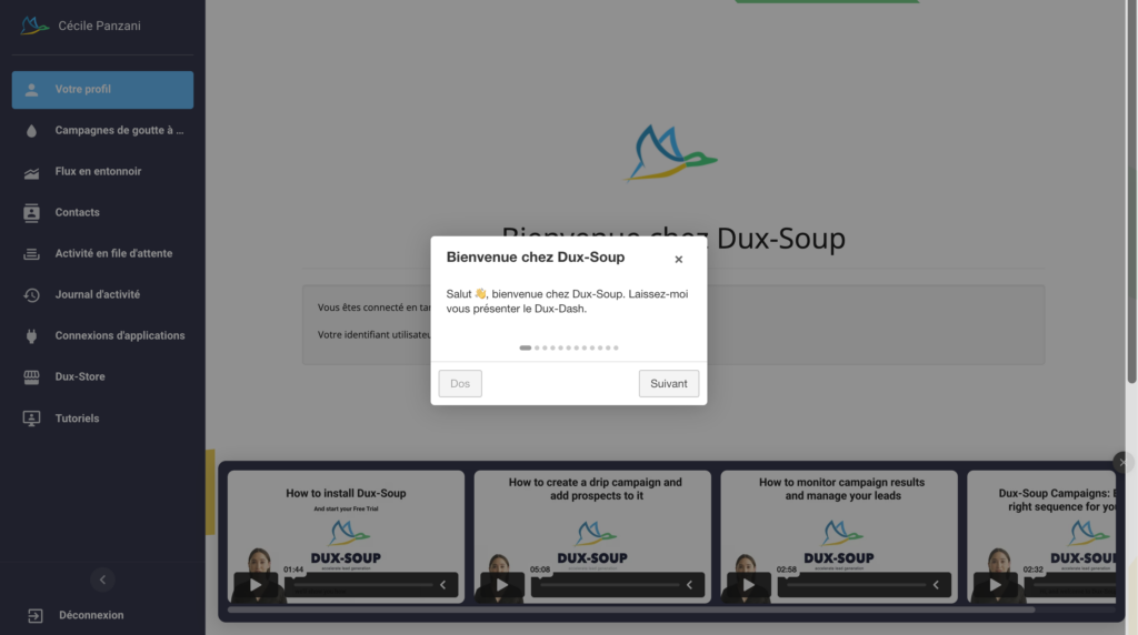 interface d'onboarding de dux-soup