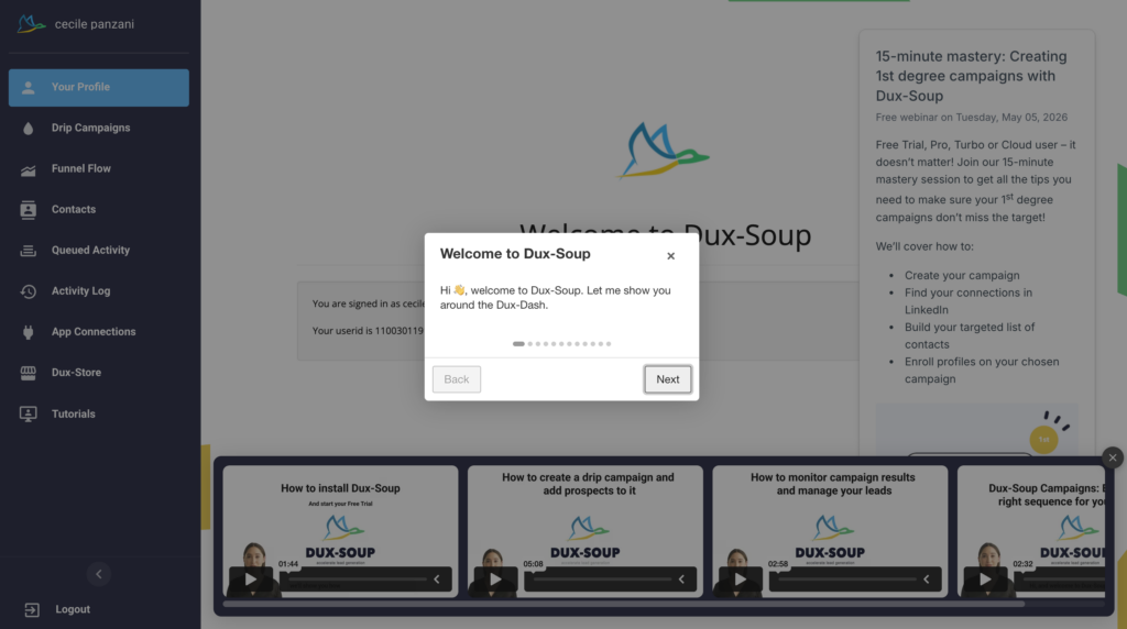 Dux-Soup onboarding interface