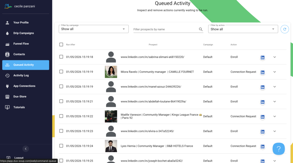 List of pending activities on Dux-Soup 