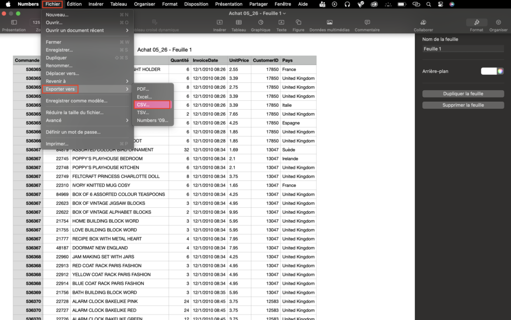 Créer un fichier CSV sur Mac avec Numbers