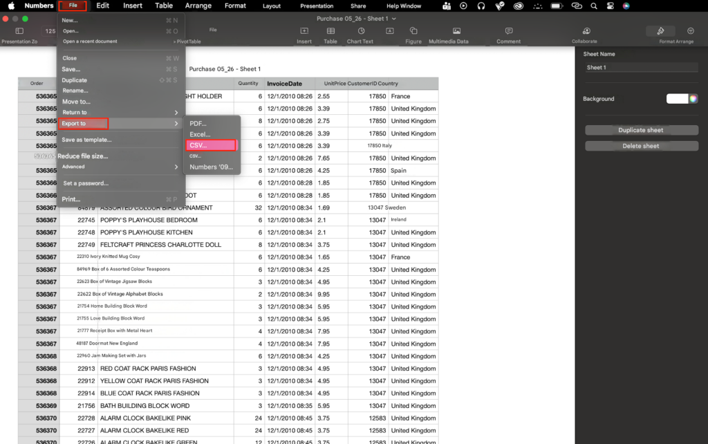Create a CSV file on a Mac using Numbers