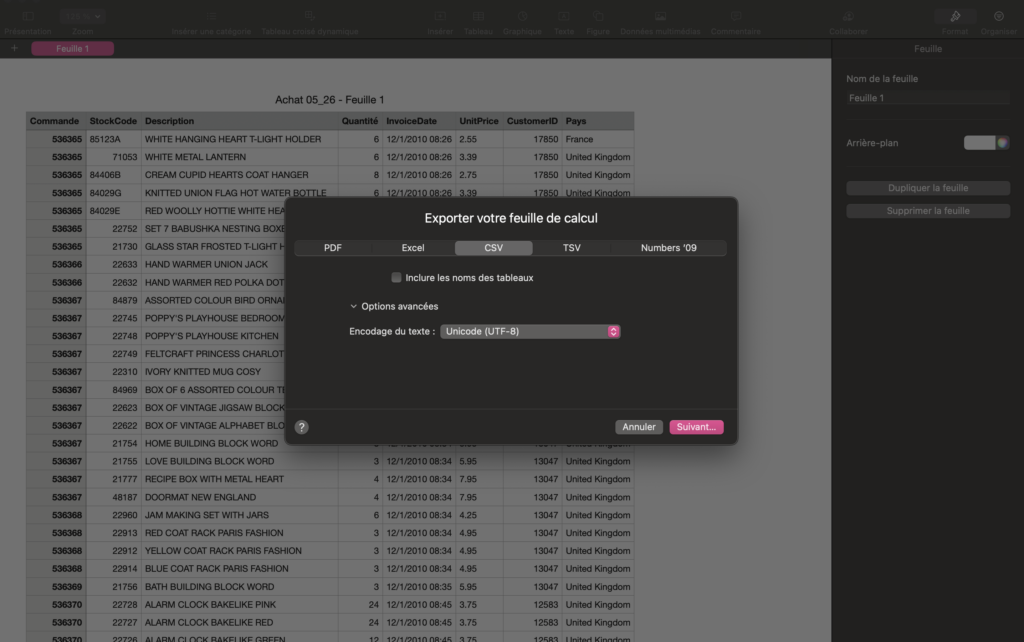 Créer un fichier CSV sur Mac avec Numbers