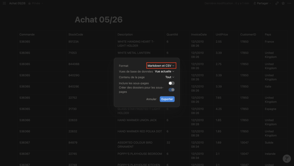 Créer un fichier CSV en ligne avec notion 