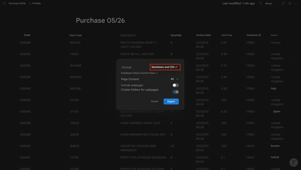 Create a CSV file online with Notion 