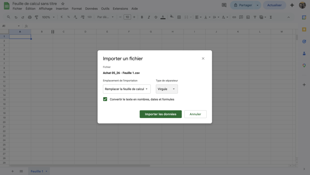 Ouvrir un CSV avec Google Sheets