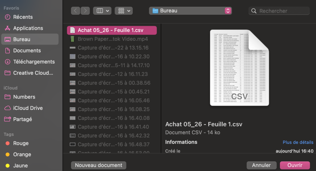 Ouvrir un format CSV avec Numbers 