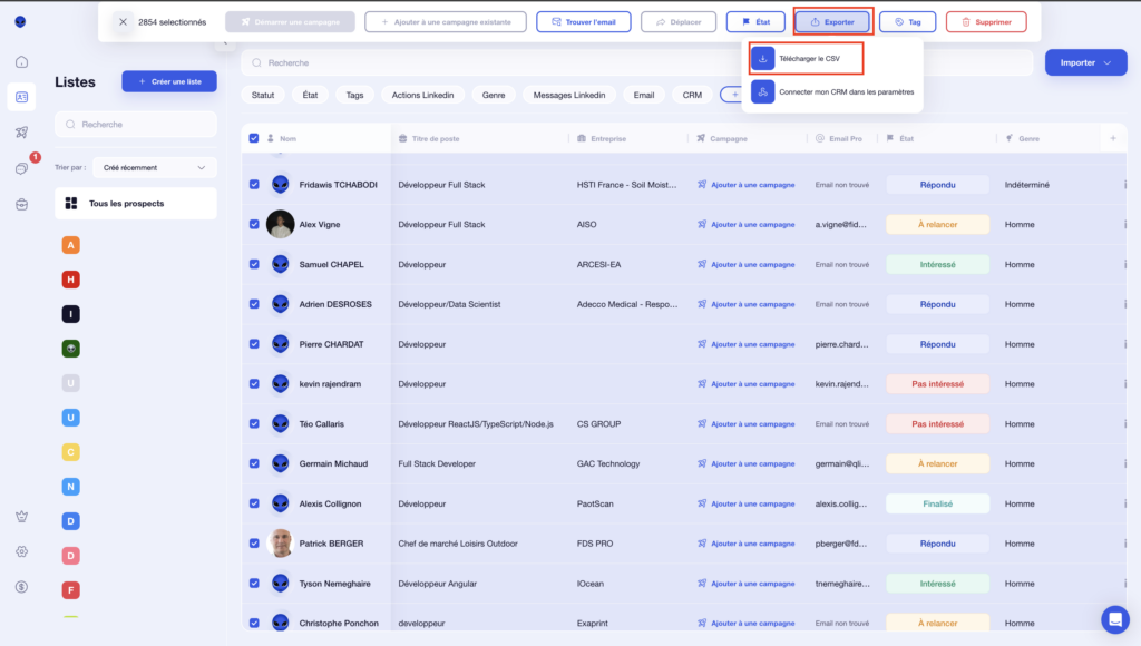 Exporter tous ses prospects avec waalaxy 
