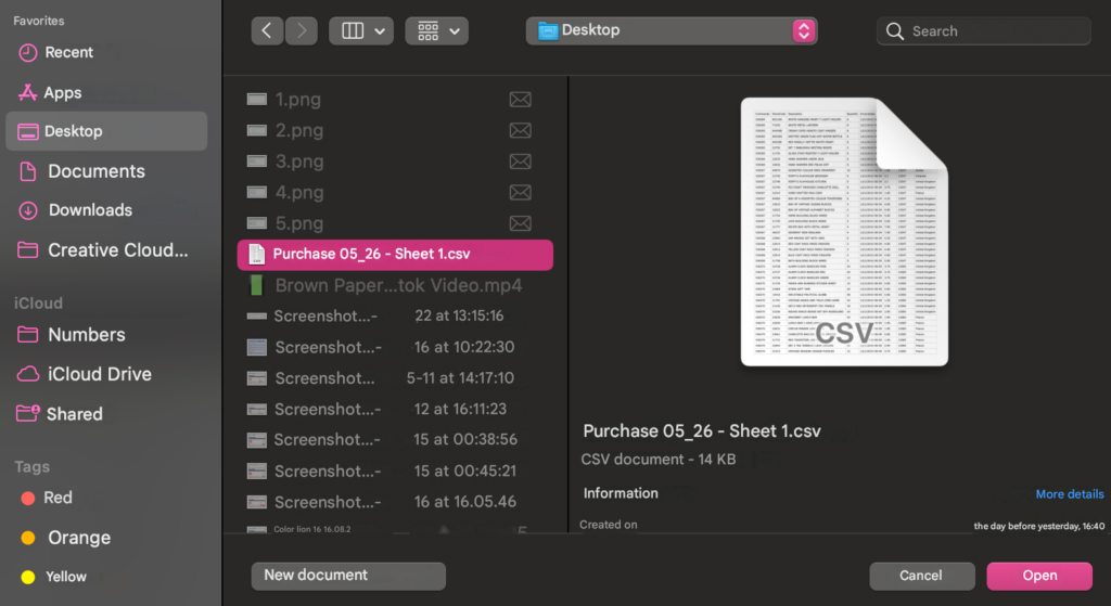 Open a CSV file with Numbers 