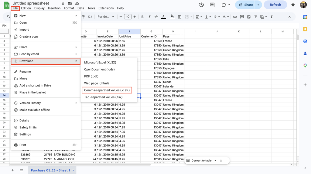 Export a CSV file using Google Sheets