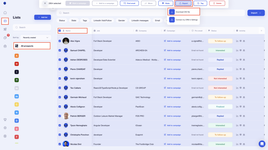 Export all your prospects in CSV file with waalaxy 