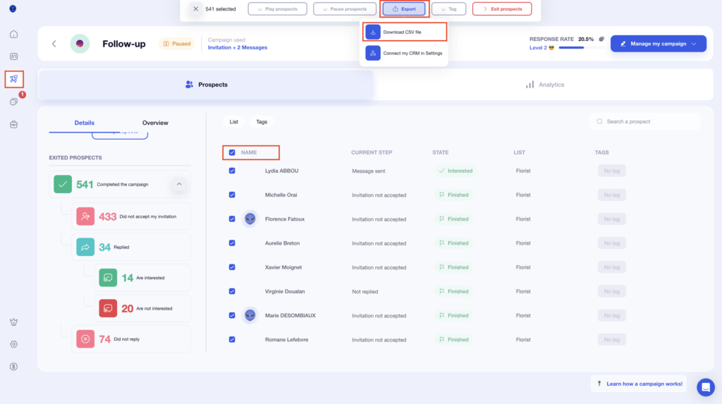 Export leads from a Waalaxy campaign 