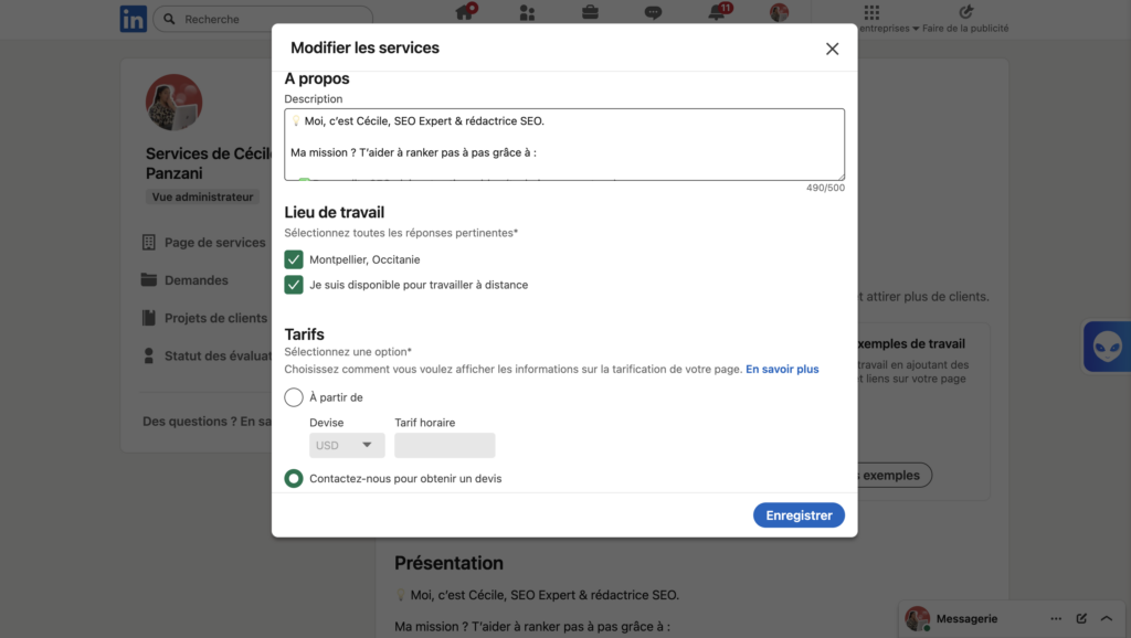 La description, la zone géographique et les tarifs avec LinkedIn Marketplace 