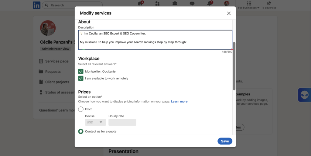 Description, geographic area, and pricing with LinkedIn Marketplace 