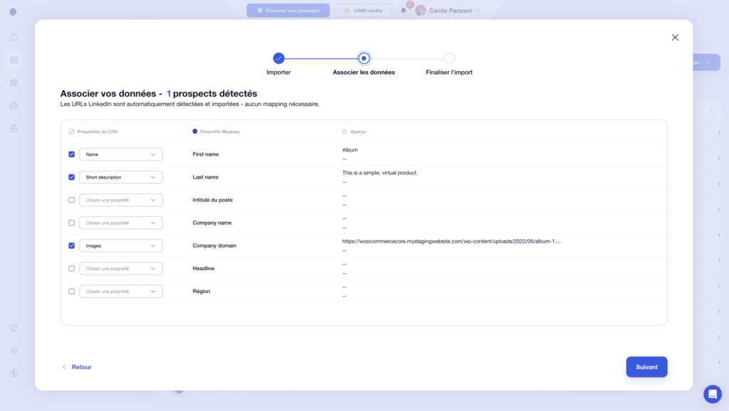 Associez les données avec celle de l'import CSV 