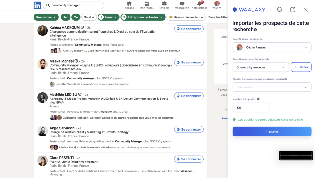 Exporter des personnes de LinkedIn à Waalaxy sans format CSV 